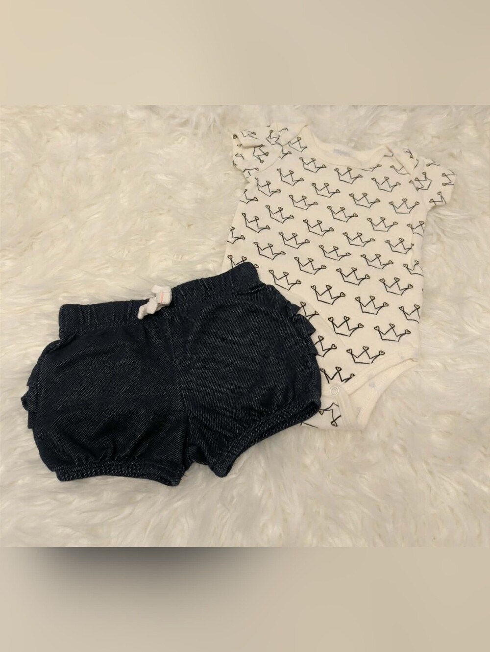 ✨️2pc jumping beans White Crown Onesie Navy Ruffle Butt Shorts Set